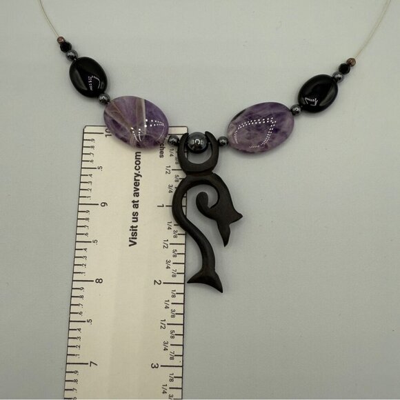 Unique Genuine Amethyst and Tourmaline Stone Beaded Tribal Pendant Necklace - Picture 5 of 10